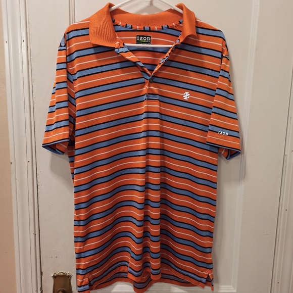IZOD GOLF POLO SHIRT SS Mens L Athletic Orange Blue Striped Perform X Polyester - Picture 2 of 9